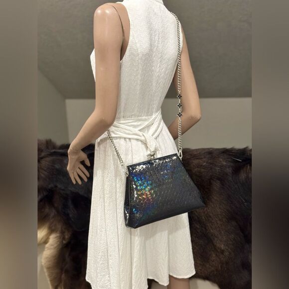 Unique Iridescent Embossed Leather Handmade Push Lock Boxy Bag, Multi Use Style - Picture 7 of 17